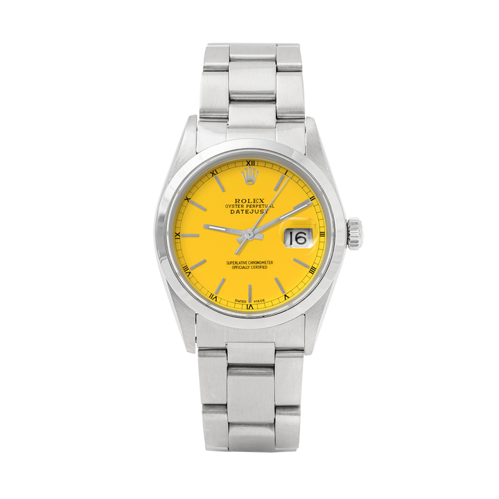 Rolex Datejust 36mm STAINLESS STEEL 16200 Yellow Dial | Stick Hour Markers | Smooth  Bezel