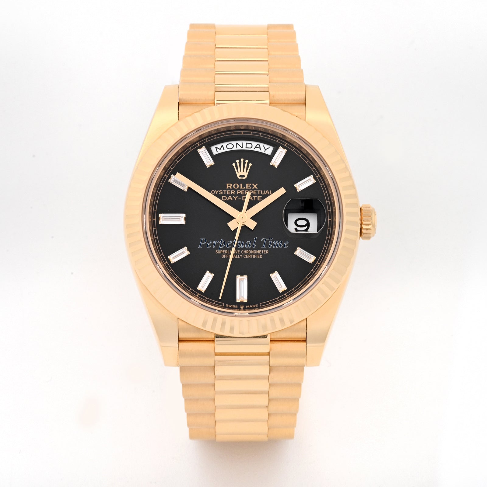 Rolex Day-Date 40 Yellow Gold 228238 Black Diamond Dial, Fluted Bezel