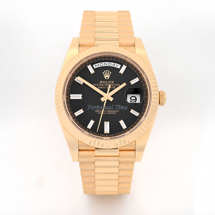 Rolex Day-Date 40 Yellow Gold 228238 Black Diamond Dial, Fluted Bezel