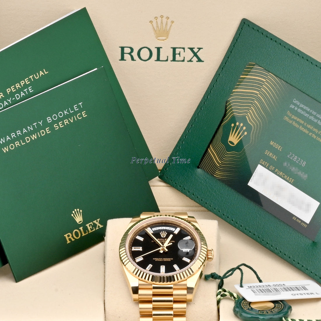 Rolex Day-Date 40 Yellow Gold 228238 Black Diamond Dial, Fluted Bezel