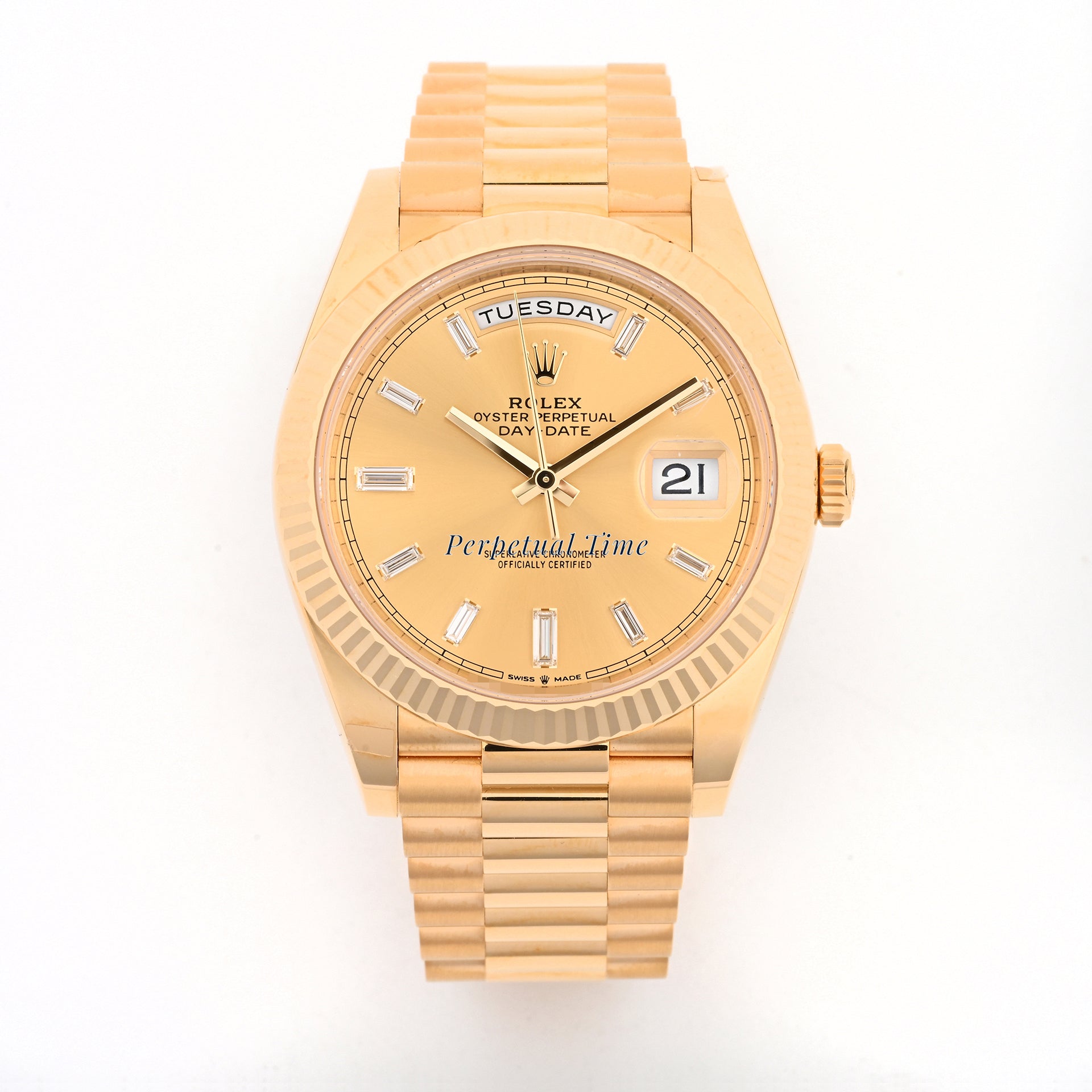 Rolex Day-Date 40 Yellow Gold 228238 Champagne Diamond Baguette Dial, Fluted Bezel