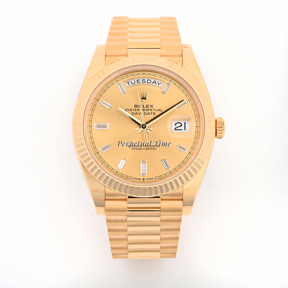 Rolex Day-Date 40 Yellow Gold 228238 Champagne Diamond Baguette Dial, Fluted Bezel