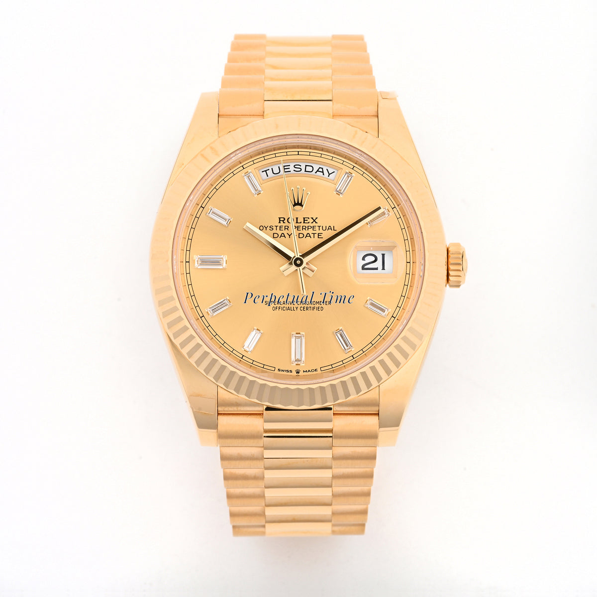 Rolex Day-Date 40 Yellow Gold 228238 Champagne Diamond Baguette Dial, Fluted Bezel