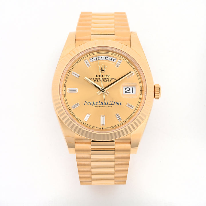 Rolex Day-Date 40 Yellow Gold 228238 Champagne Diamond Baguette Dial, Fluted Bezel