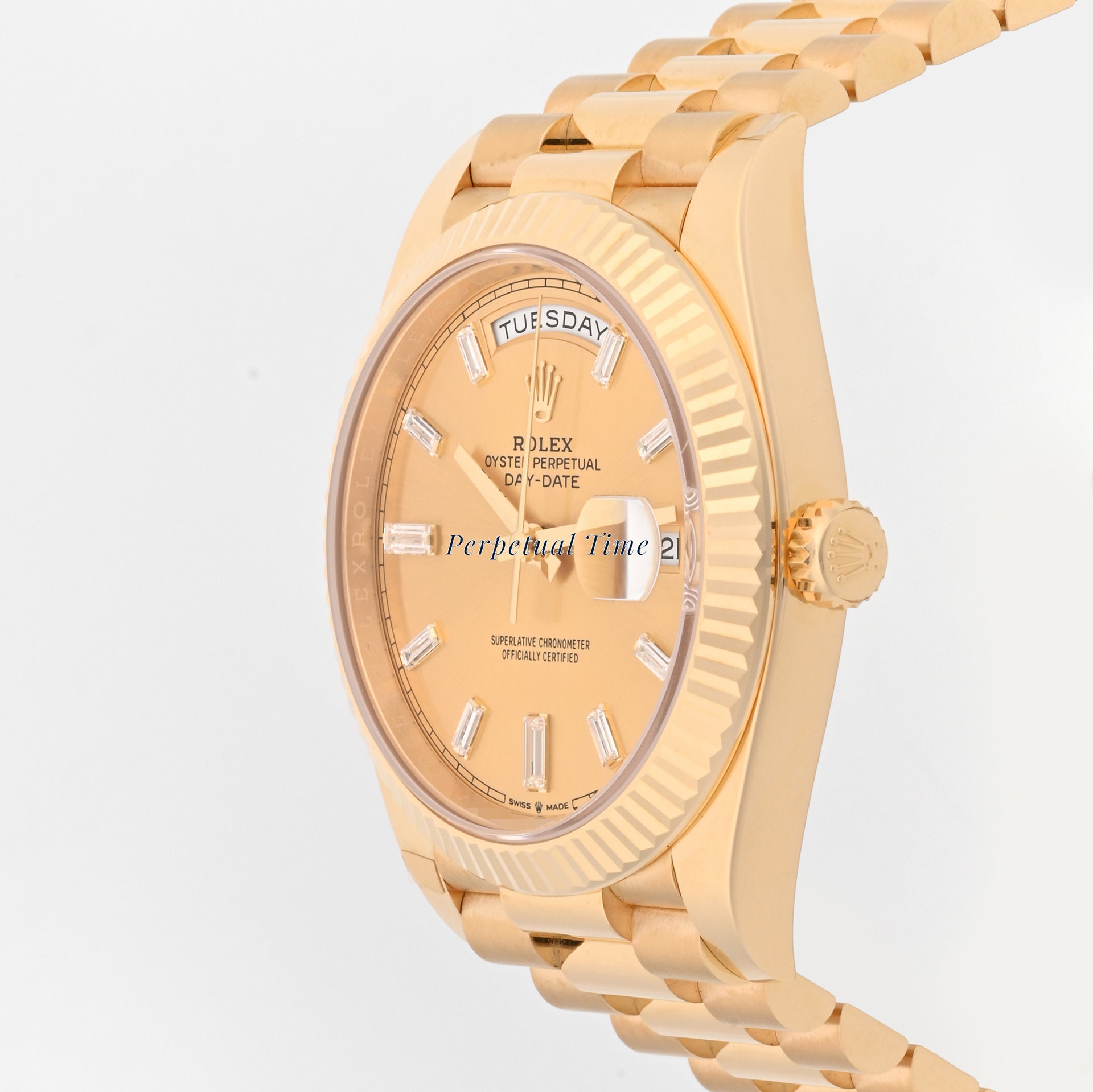 Rolex Day-Date 40 Yellow Gold 228238 Champagne Diamond Baguette Dial, Fluted Bezel