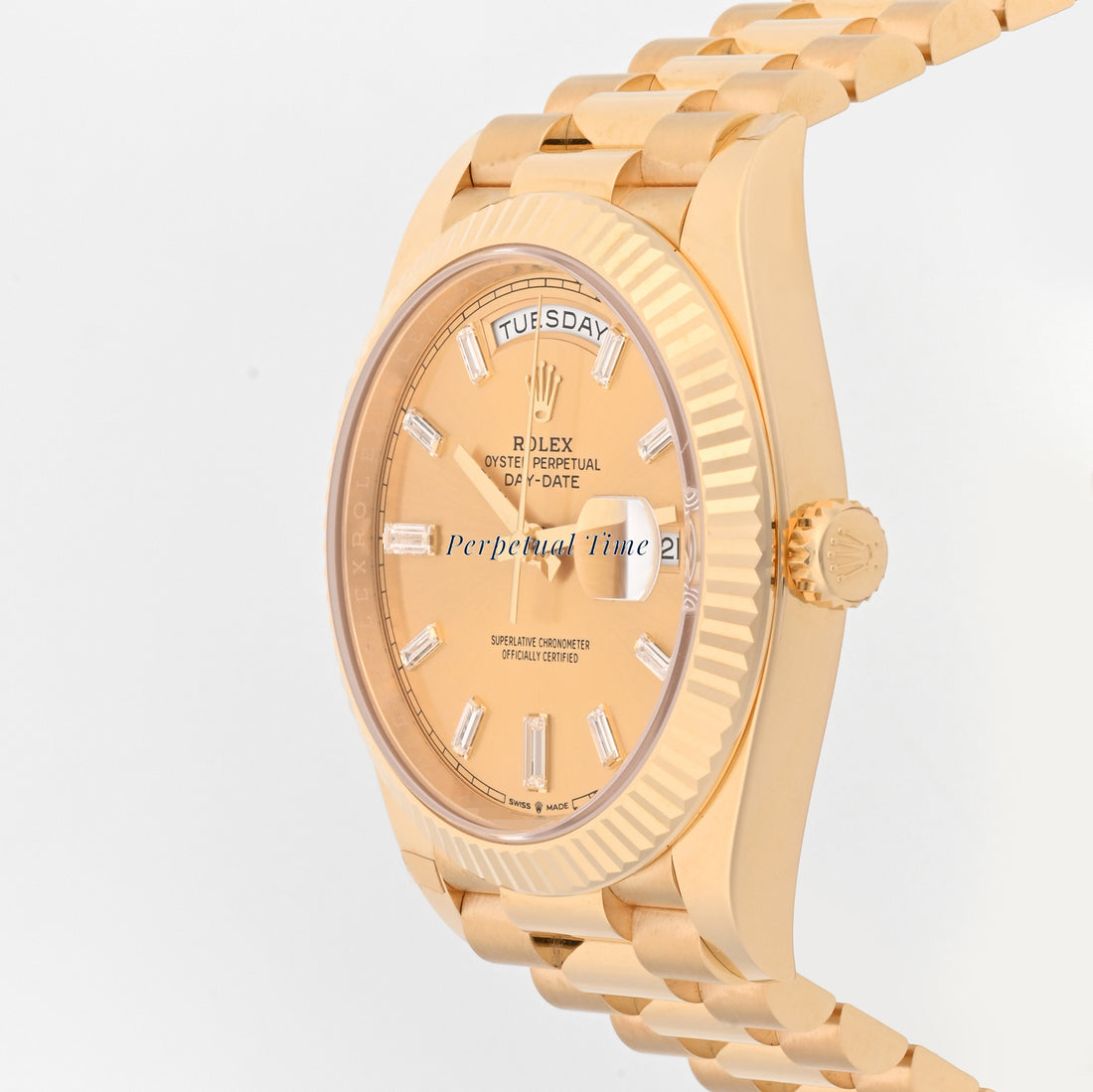 Rolex Day-Date 40 Yellow Gold 228238 Champagne Diamond Baguette Dial, Fluted Bezel