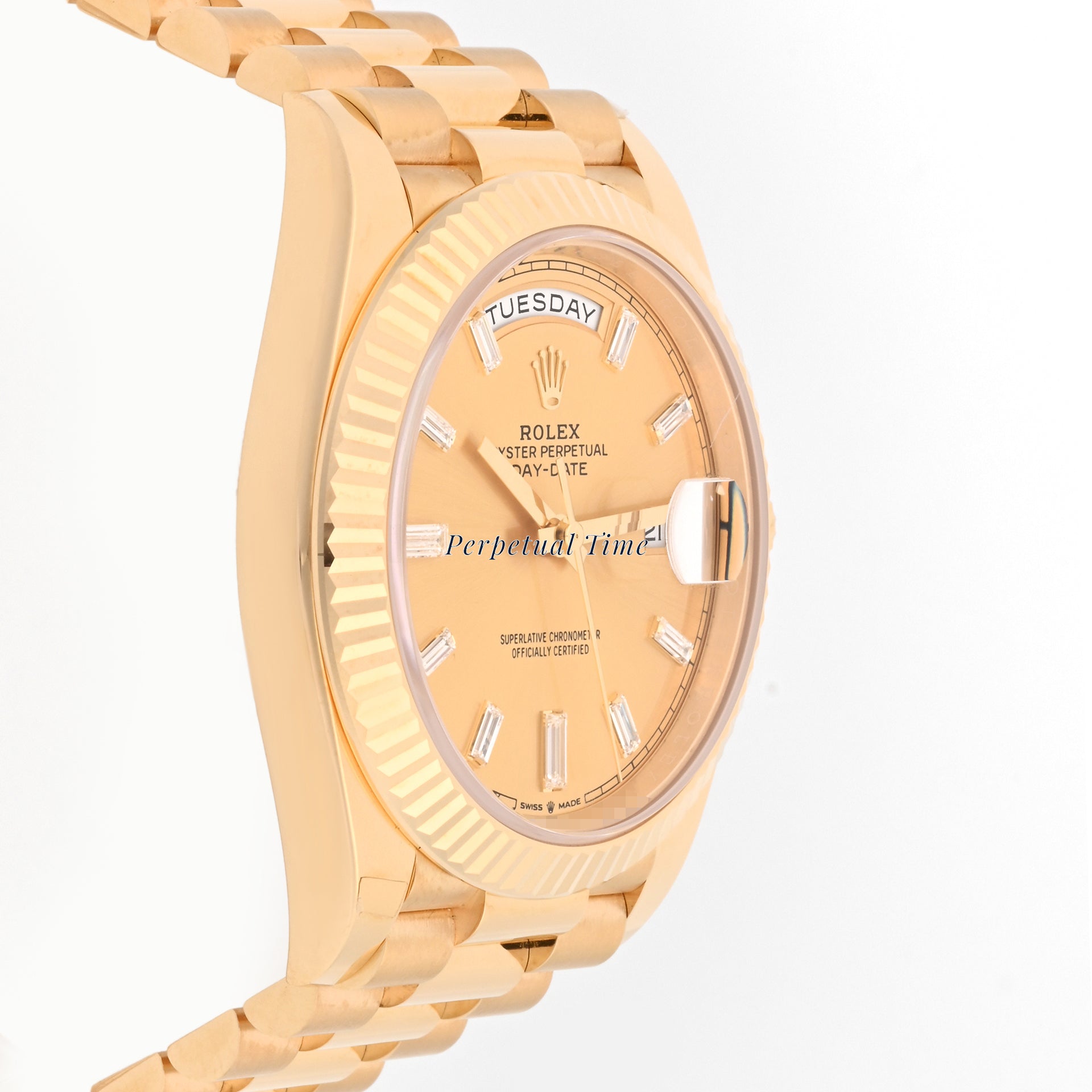 Rolex Day-Date 40 Yellow Gold 228238 Champagne Diamond Baguette Dial, Fluted Bezel