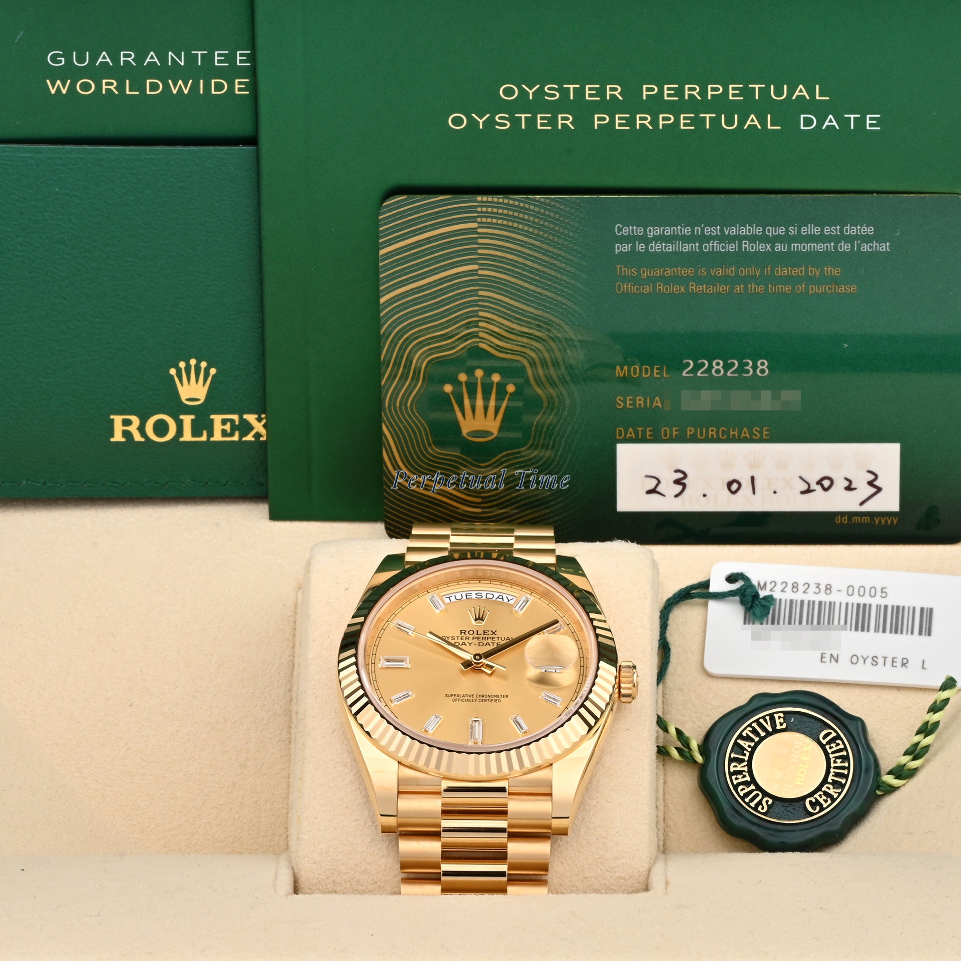 Rolex Day-Date 40 Yellow Gold 228238 Champagne Diamond Baguette Dial, Fluted Bezel