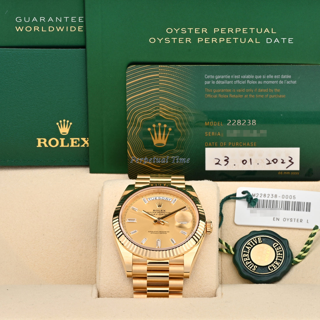 Rolex Day-Date 40 Yellow Gold 228238 Champagne Diamond Baguette Dial, Fluted Bezel