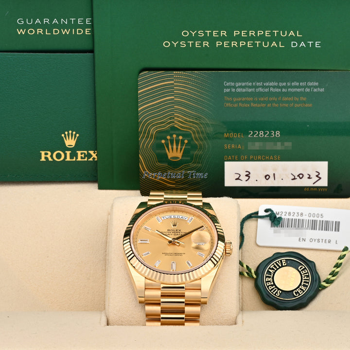 Rolex Day-Date 40 Yellow Gold 228238 Champagne Diamond Baguette Dial, Fluted Bezel