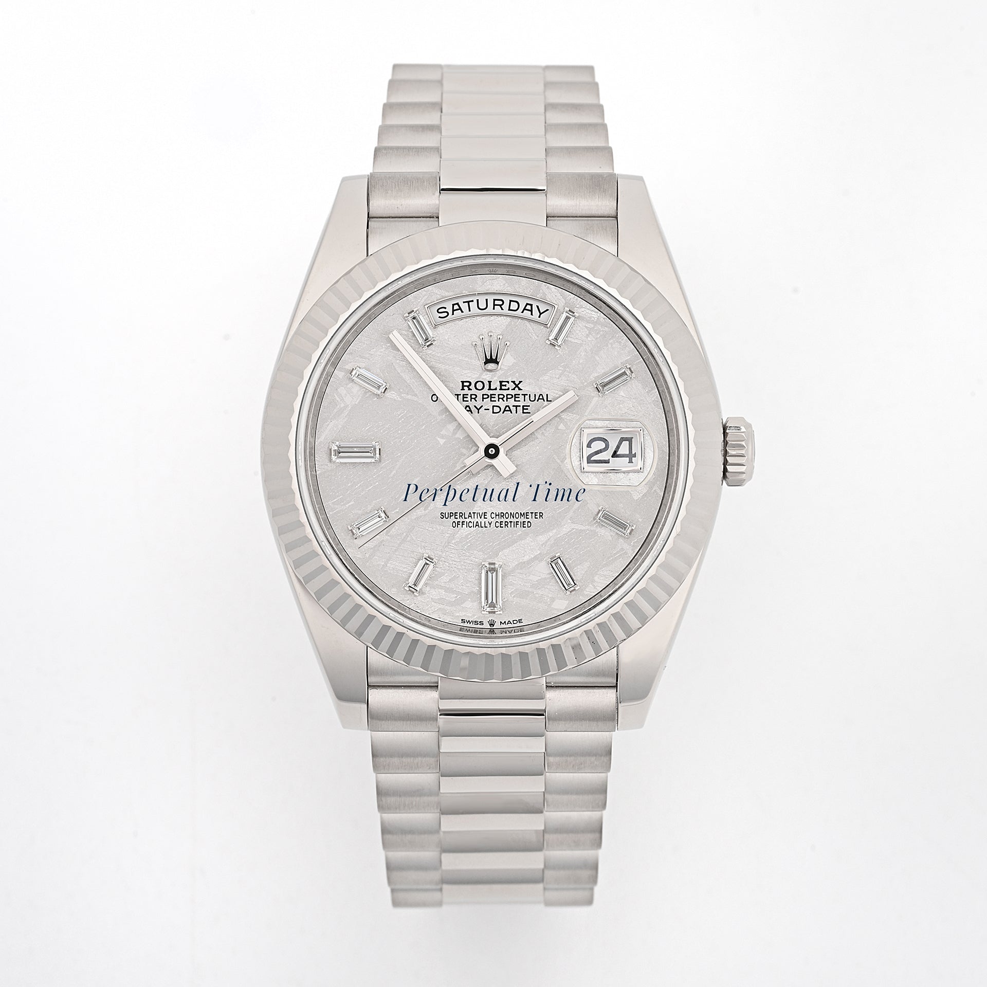 Rolex Day-Date 40 White Gold 228239 Meteorite Diamond Baguette Dial, Fluted Bezel