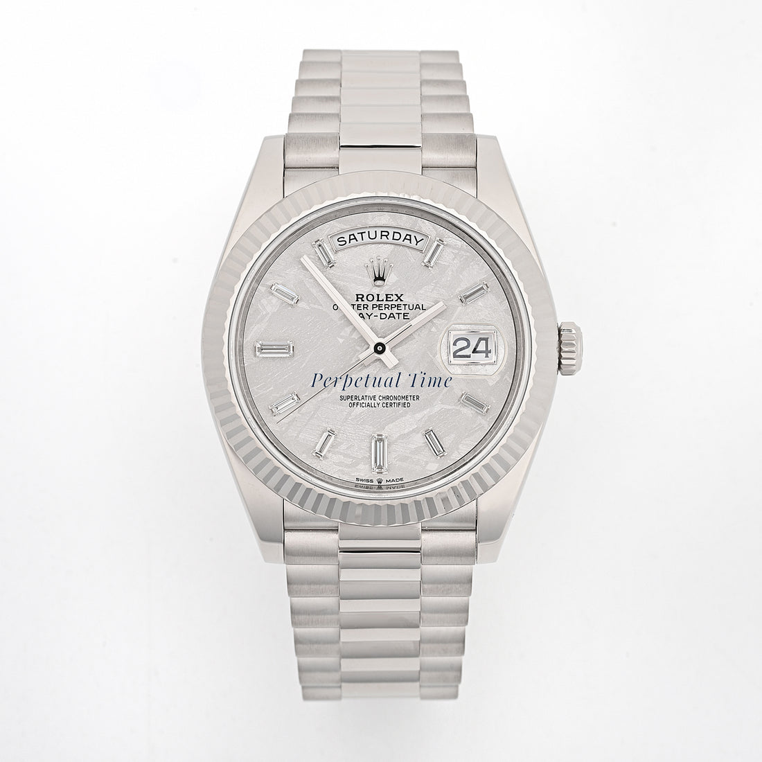 Rolex Day-Date 40 White Gold 228239 Meteorite Diamond Baguette Dial, Fluted Bezel