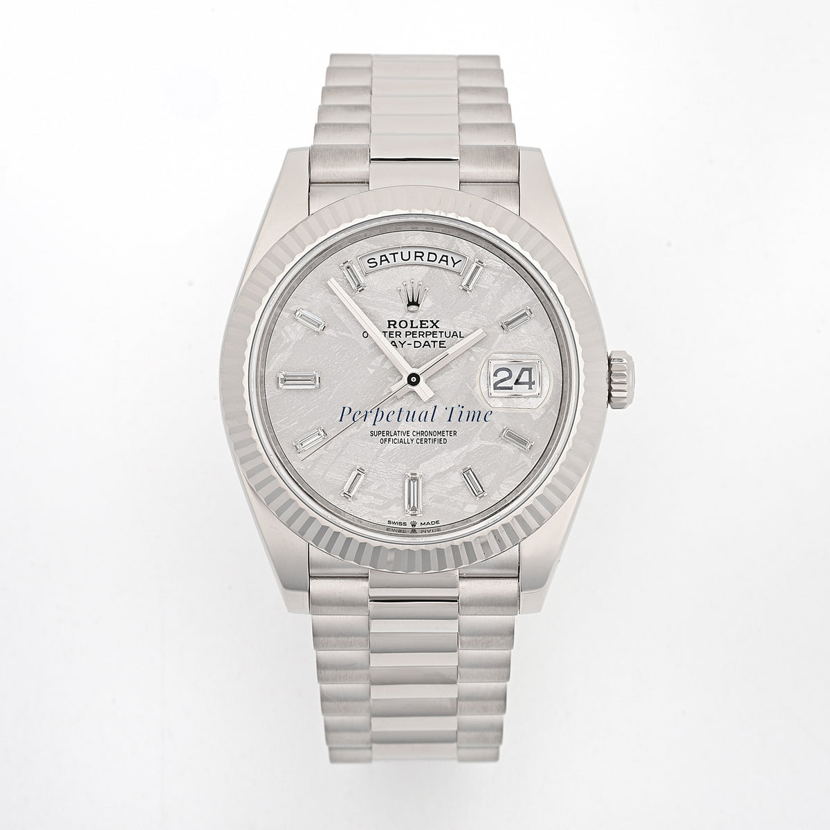 Rolex Day-Date 40 White Gold 228239 Meteorite Diamond Baguette Dial, Fluted Bezel