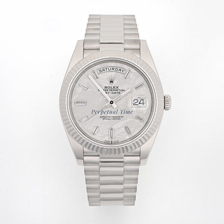 Rolex Day-Date 40 White Gold 228239 Meteorite Diamond Baguette Dial, Fluted Bezel