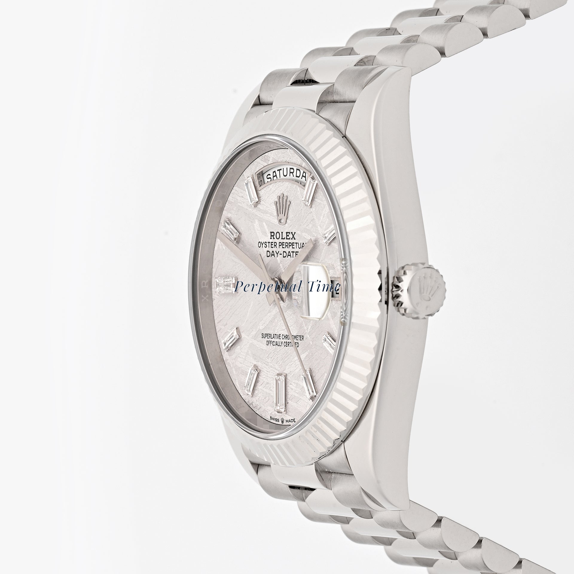 Rolex Day-Date 40 White Gold 228239 Meteorite Diamond Baguette Dial, Fluted Bezel