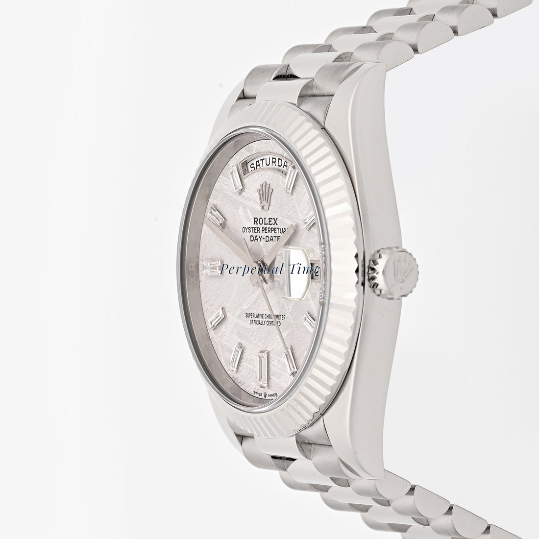 Rolex Day-Date 40 White Gold 228239 Meteorite Diamond Baguette Dial, Fluted Bezel