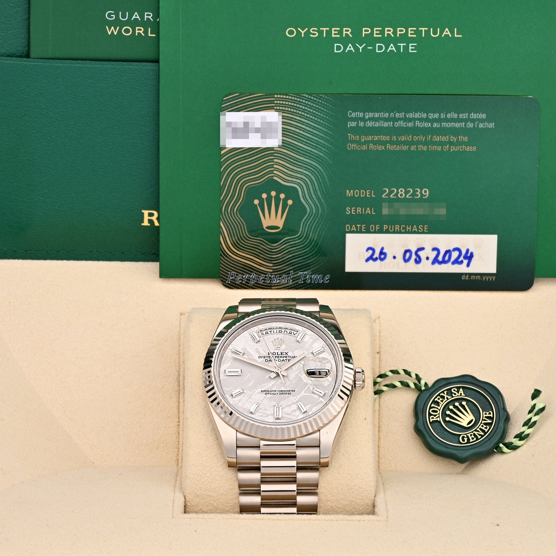 Rolex Day-Date 40 White Gold 228239 Meteorite Diamond Baguette Dial, Fluted Bezel