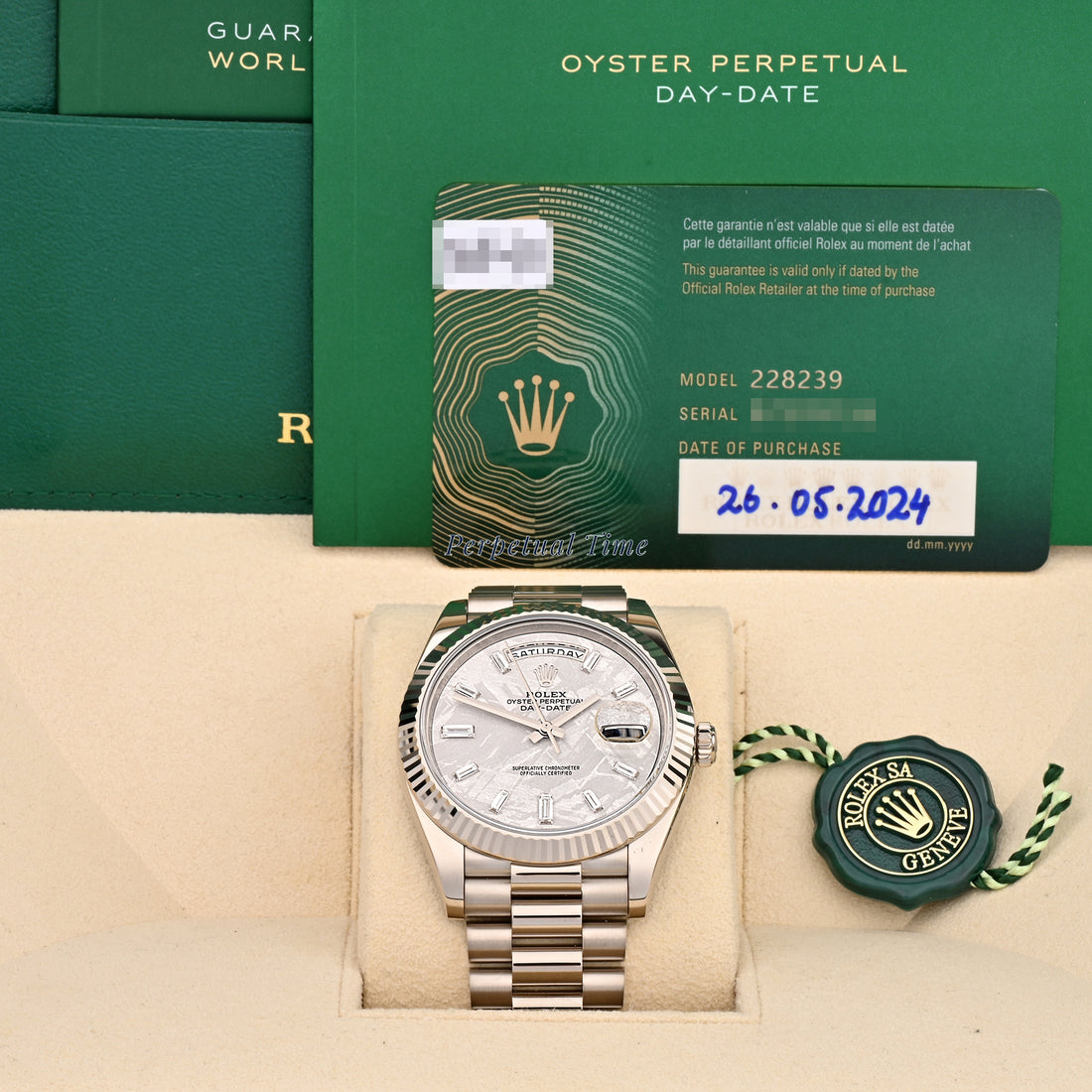 Rolex Day-Date 40 White Gold 228239 Meteorite Diamond Baguette Dial, Fluted Bezel