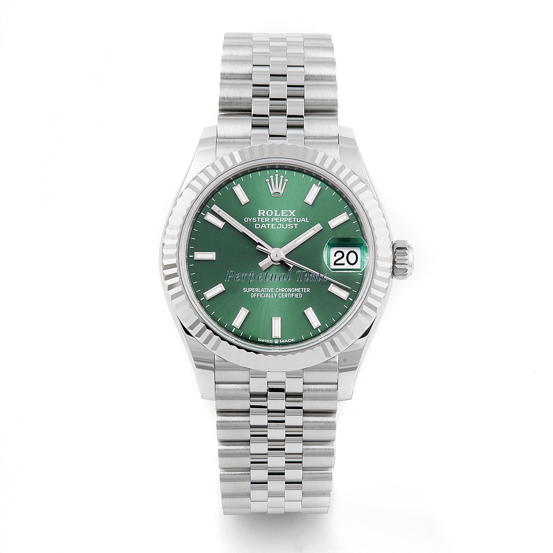 Rolex Datejust 31mm Stainless Steel & White Gold 278274 Mint Green Dial | Index hour markers, Fluted bezel