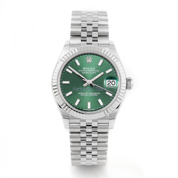 Rolex Datejust 31mm Stainless Steel & White Gold 278274 Mint Green Dial | Index hour markers, Fluted bezel