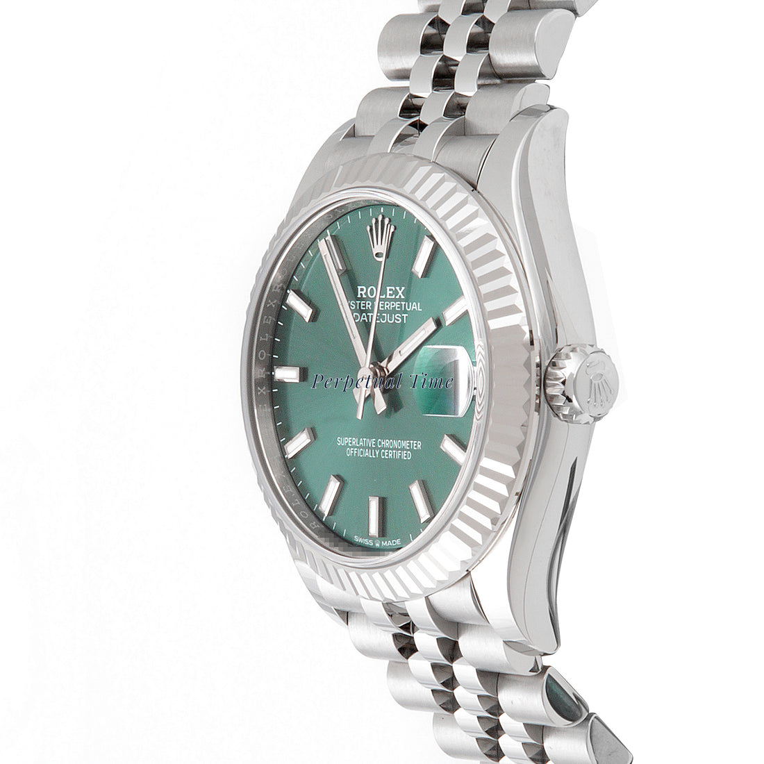 Rolex Datejust 31mm Stainless Steel & White Gold 278274 Mint Green Dial | Index hour markers, Fluted bezel