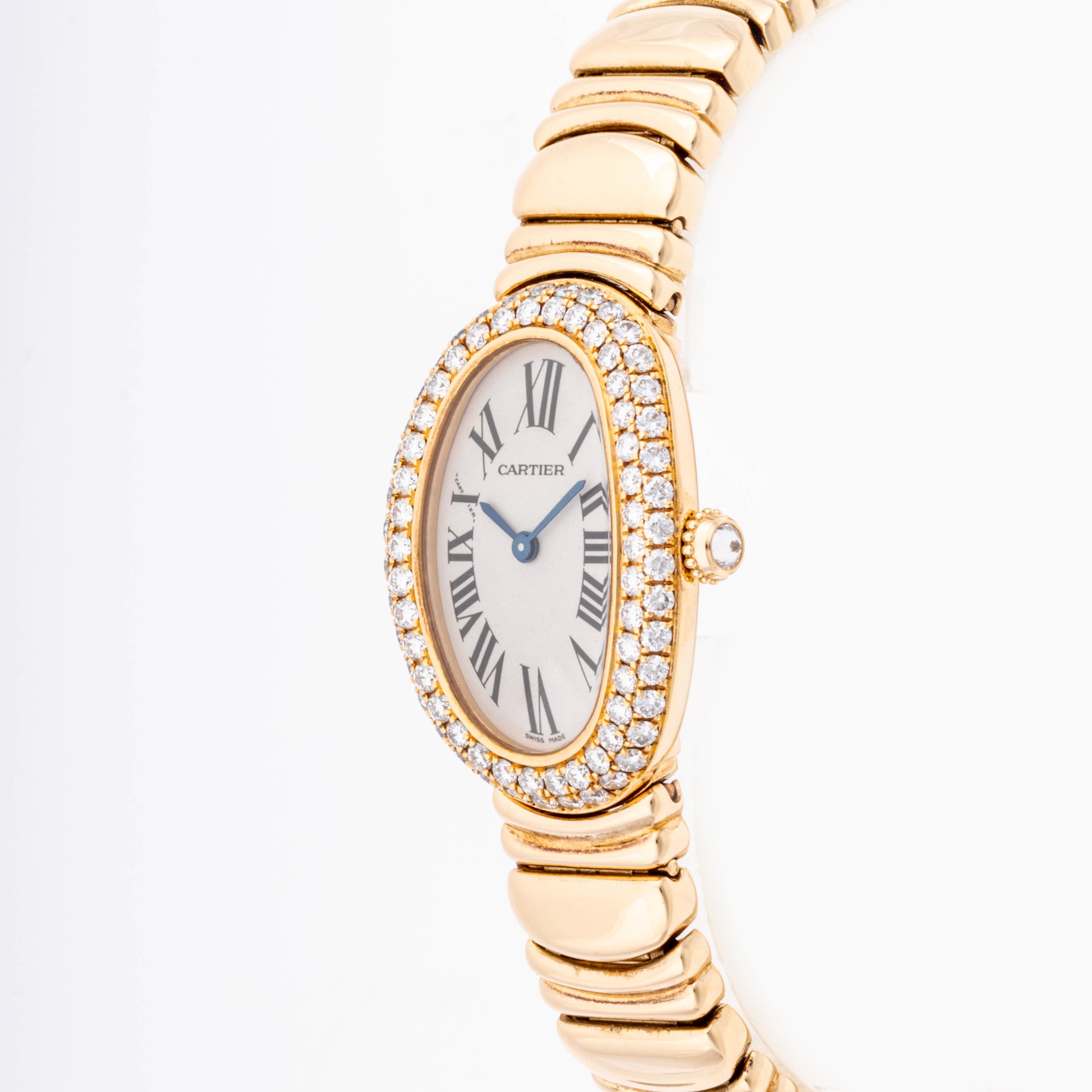 Cartier Baignoire 22.5 x 31 mm Yellow Gold 1954 Silver  Dial | Roman Numerals hour markers, Diamond bezel