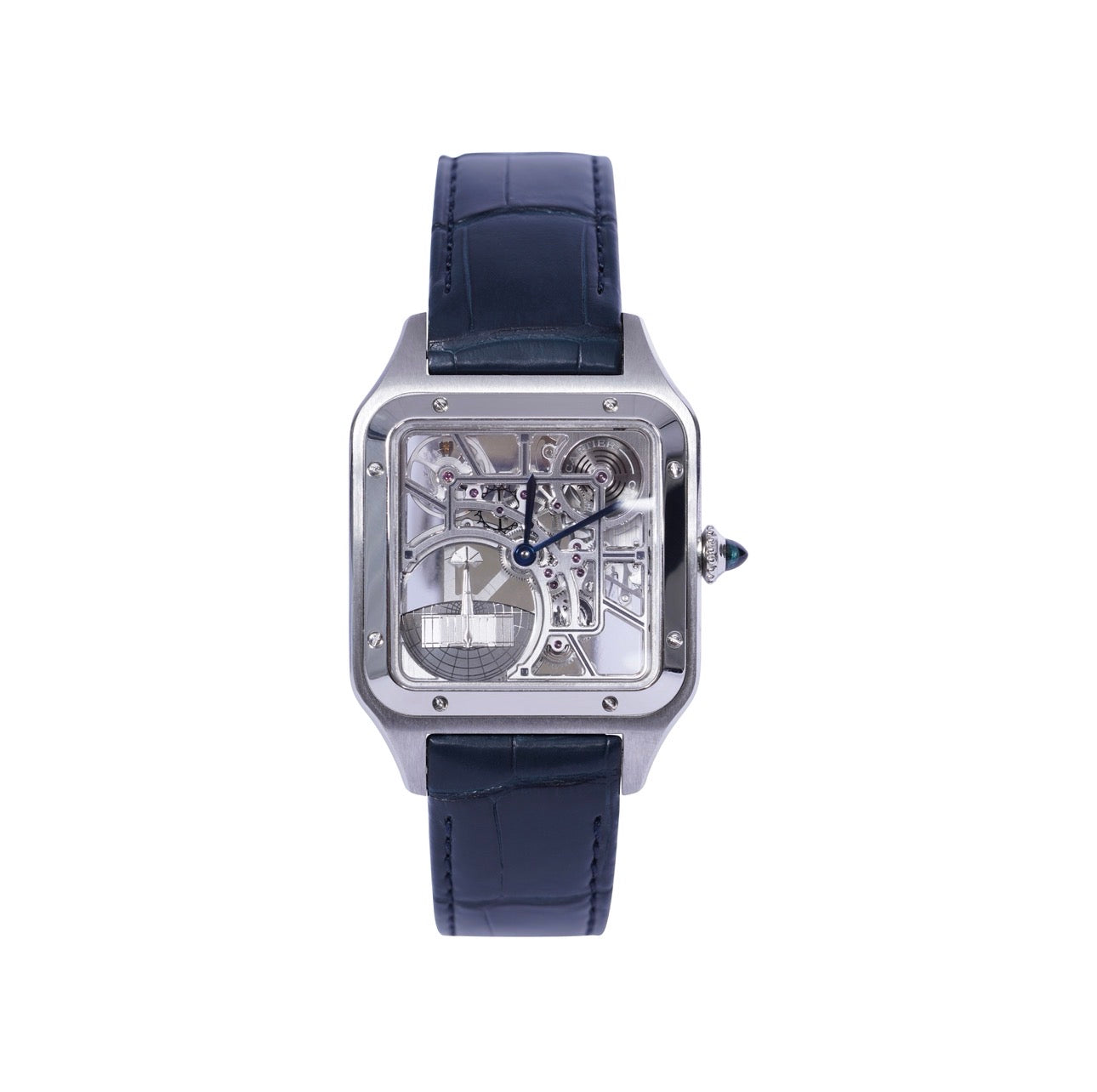 CARTIER SANTOS DUMONT SKELETON STAINLESS STEEL WHSA0032| BLUE HANDS| LEAHTER BAND|