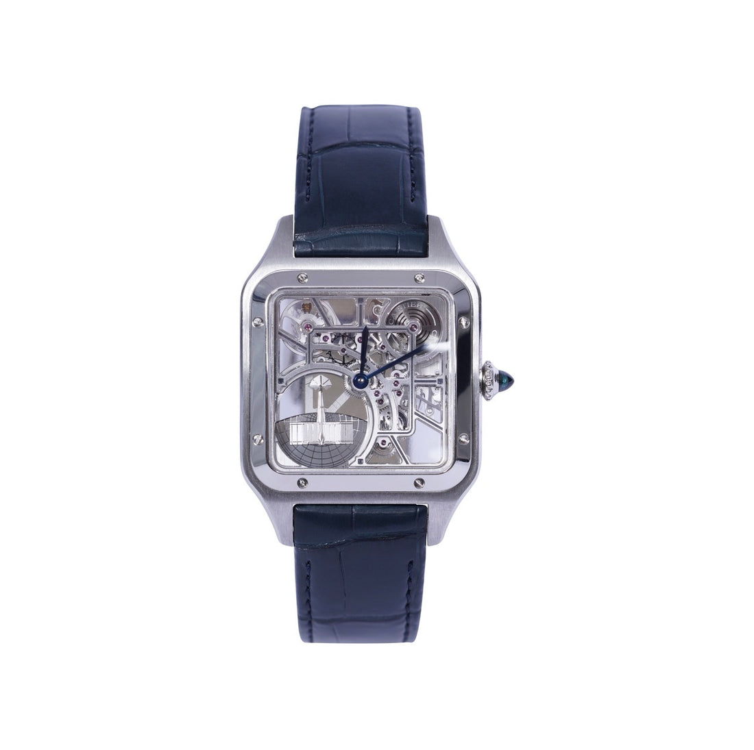 CARTIER SANTOS DUMONT SKELETON STAINLESS STEEL WHSA0032| BLUE HANDS| LEAHTER BAND|