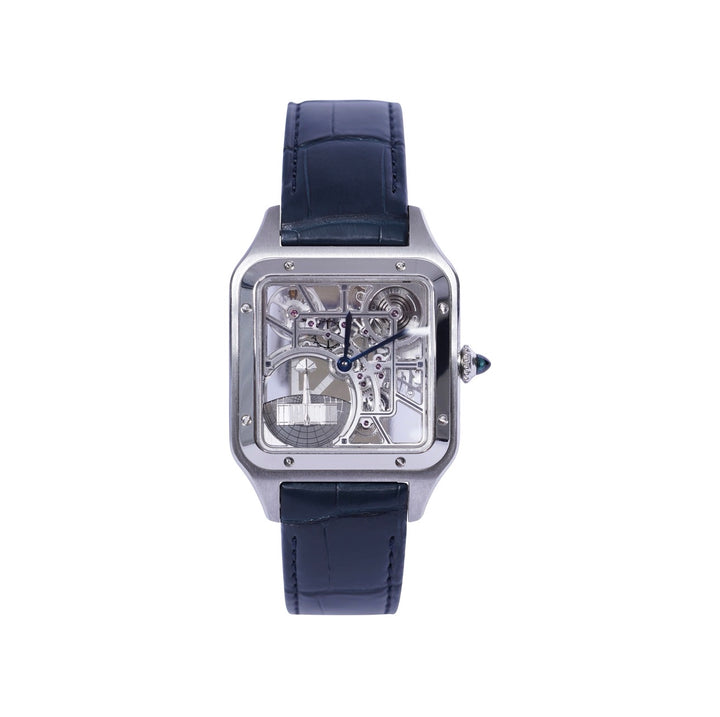 CARTIER SANTOS DUMONT SKELETON STAINLESS STEEL WHSA0032| BLUE HANDS| LEAHTER BAND|