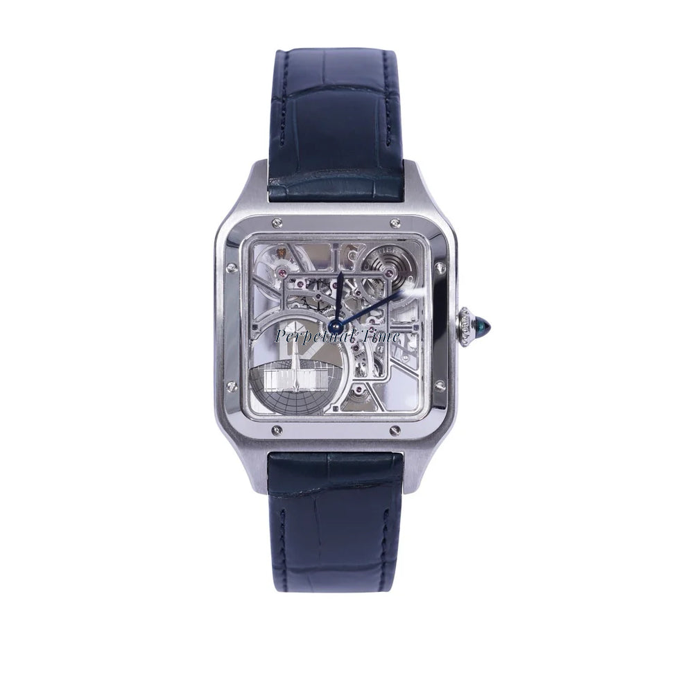 CARTIER SANTOS DUMONT SKELETON STAINLESS STEEL WHSA0032| BLUE HANDS| LEATHER BAND