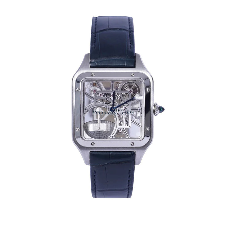 CARTIER SANTOS DUMONT SKELETON STAINLESS STEEL WHSA0032| BLUE HANDS| LEATHER BAND
