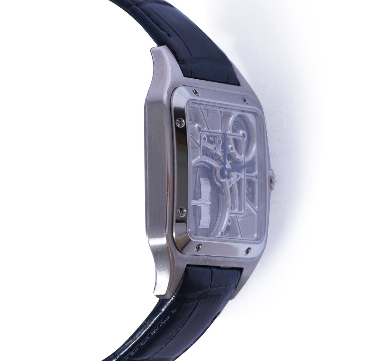 CARTIER SANTOS DUMONT SKELETON STAINLESS STEEL WHSA0032| BLUE HANDS| LEAHTER BAND|