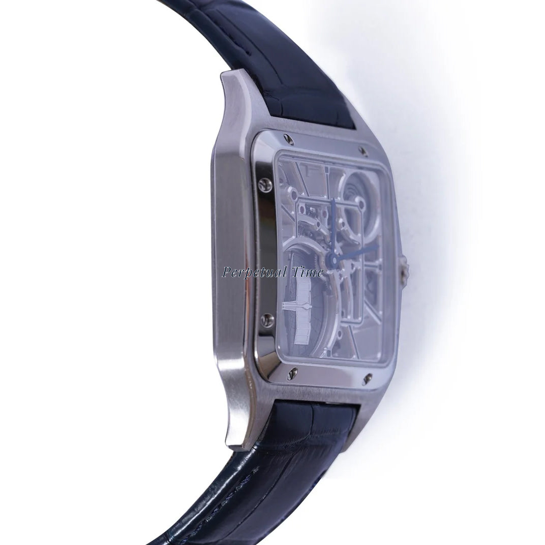 CARTIER SANTOS DUMONT SKELETON STAINLESS STEEL WHSA0032| BLUE HANDS| LEATHER BAND