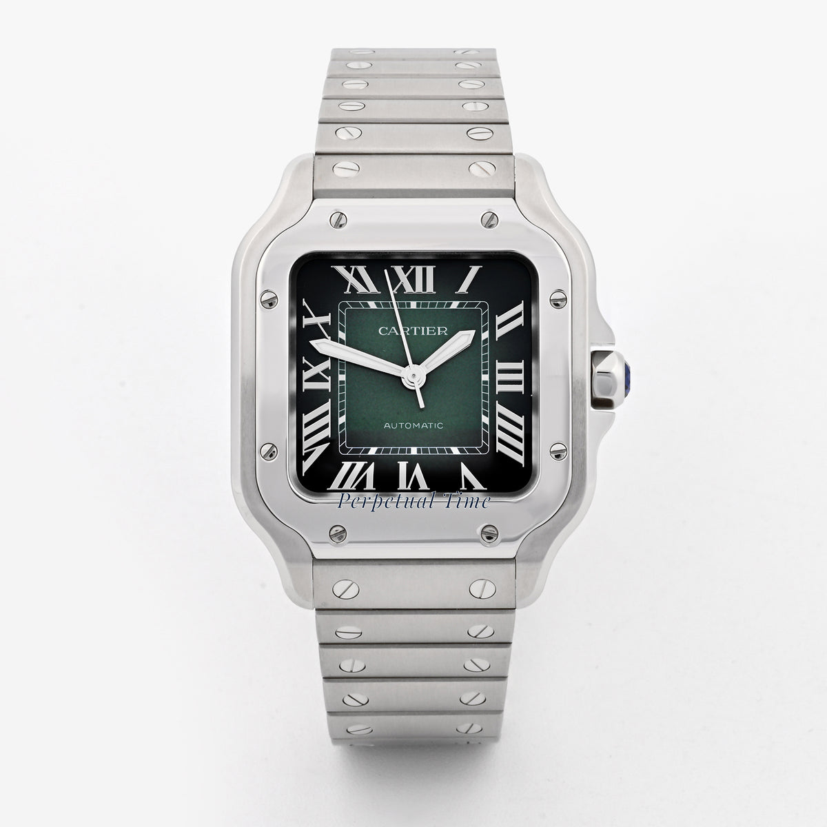 Cartier Santos Medium 4075 WSSA0061 Stainless Steel Green Roman Card + Strap