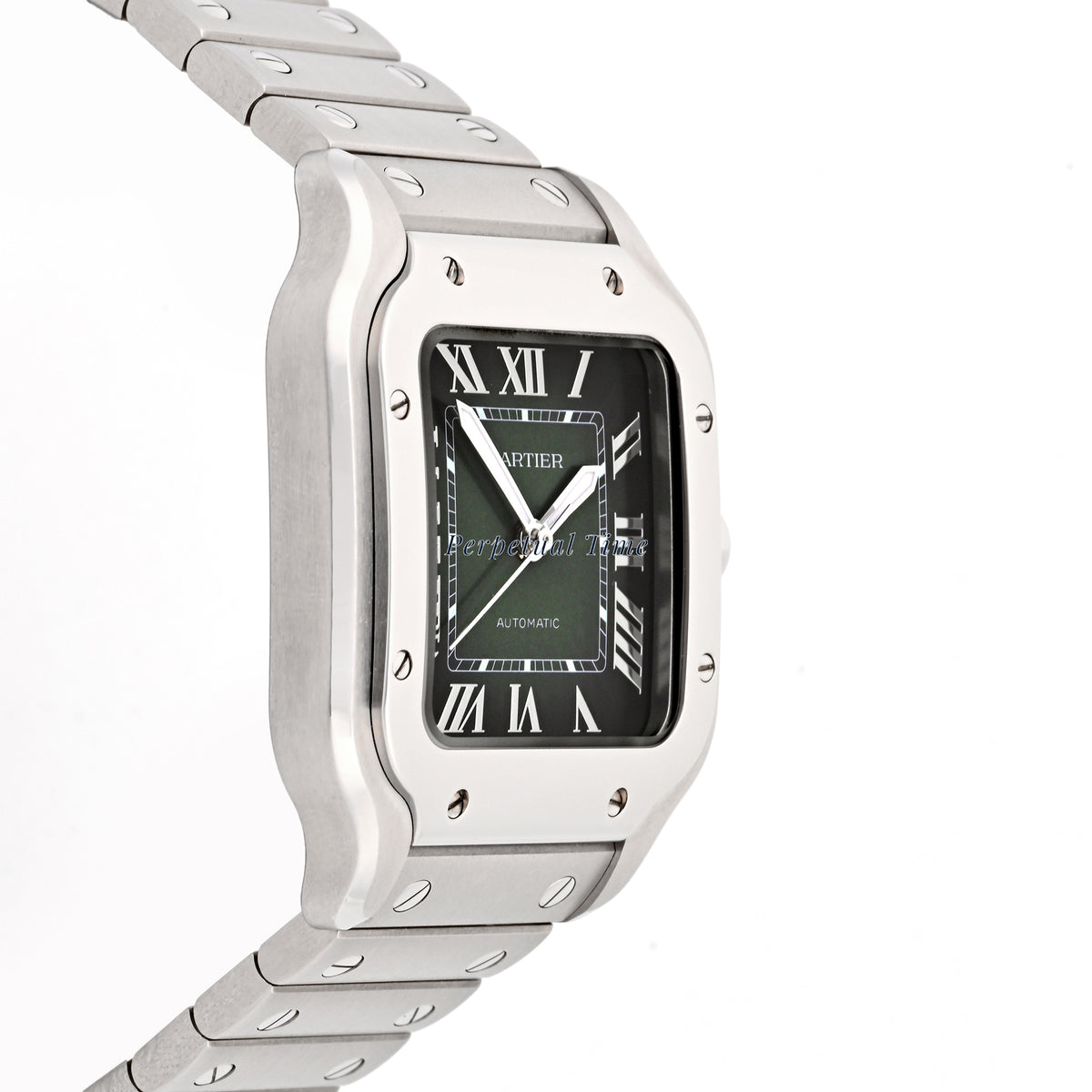 Cartier Santos Medium 4075 WSSA0061 Stainless Steel Green Roman Card + Strap