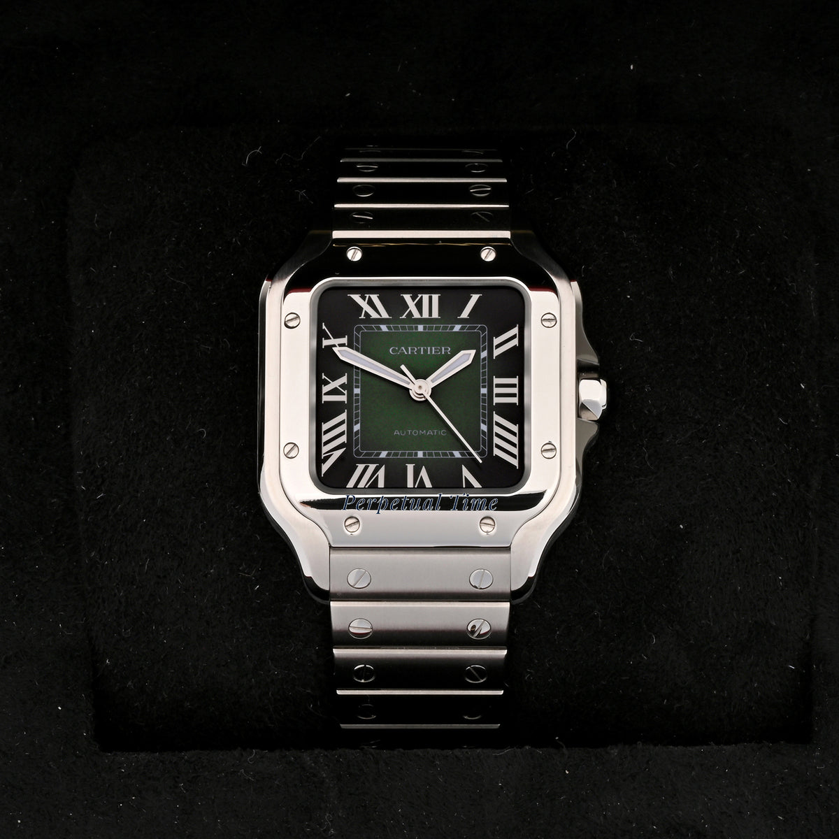 Cartier Santos Medium 4075 WSSA0061 Stainless Steel Green Roman Card + Strap