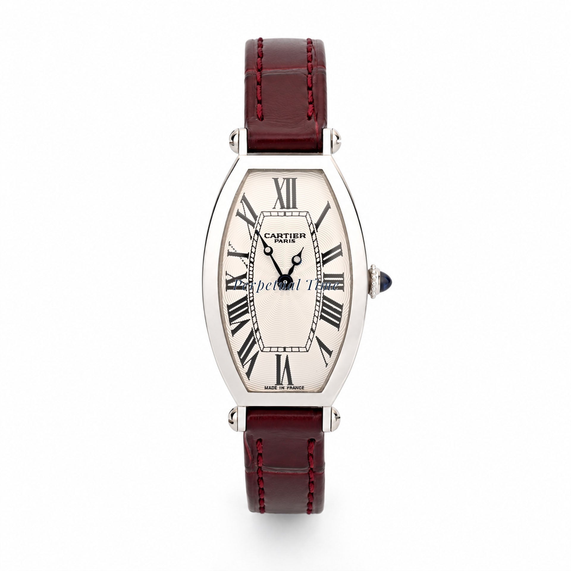 Cartier Tonneau 2555D Platinum Burgundy Leather Band