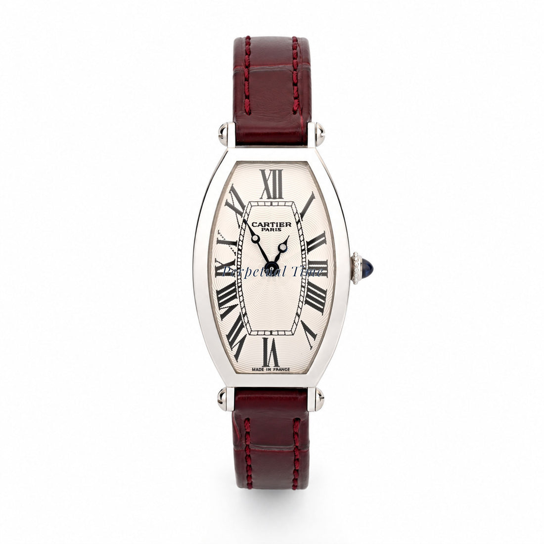 Cartier Tonneau 2555D Platinum Burgundy Leather Band