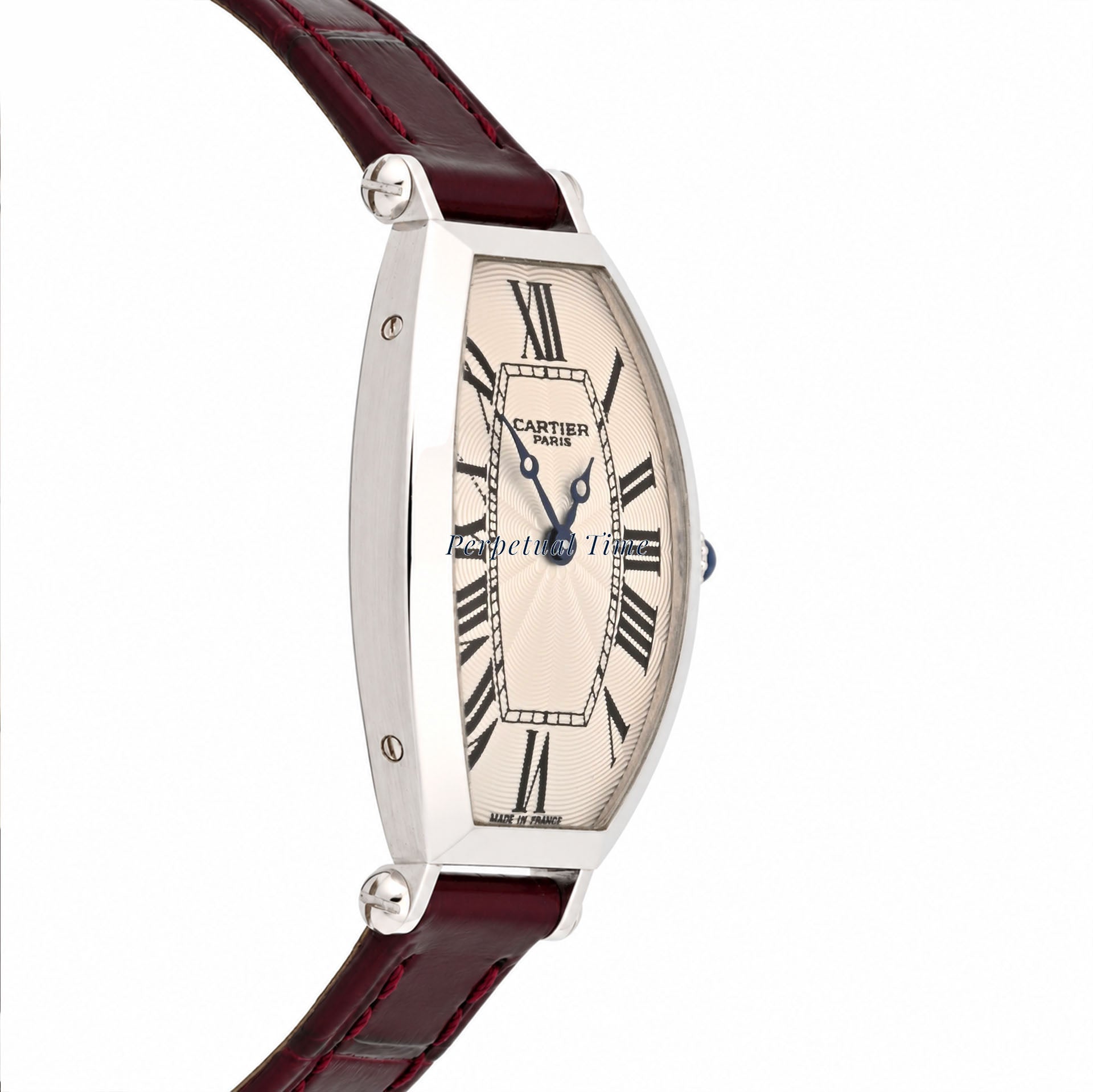 Cartier Tonneau 2555D Platinum Burgundy Leather Band