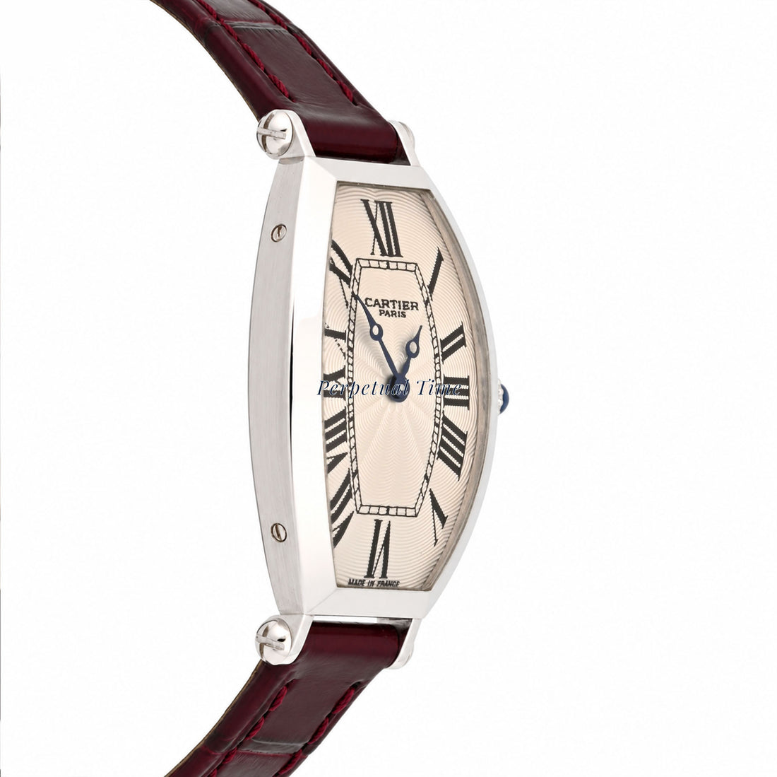 Cartier Tonneau 2555D Platinum Burgundy Leather Band