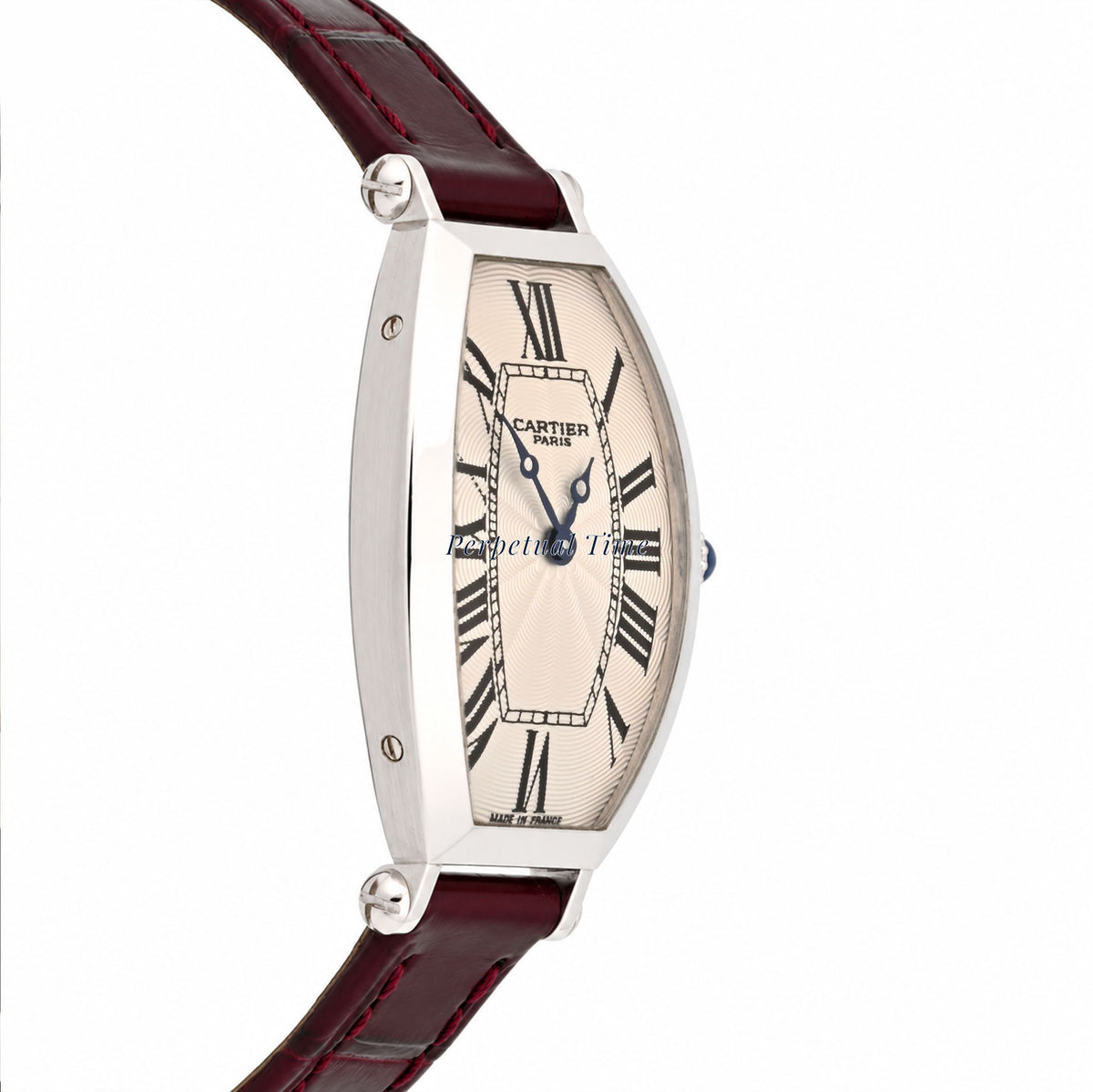 Cartier Tonneau 2555D Platinum Burgundy Leather Band