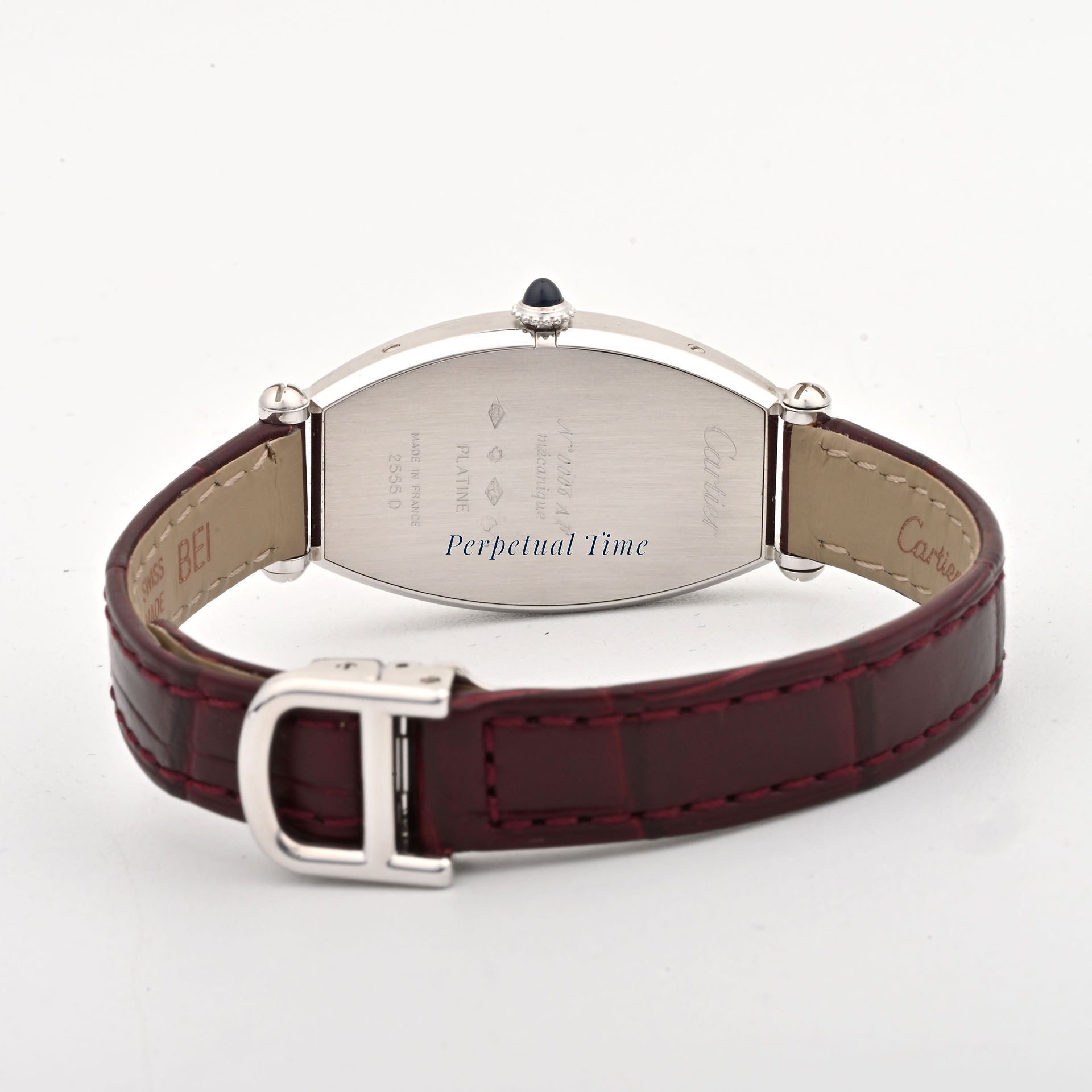 Cartier Tonneau 2555D Platinum Burgundy Leather Band