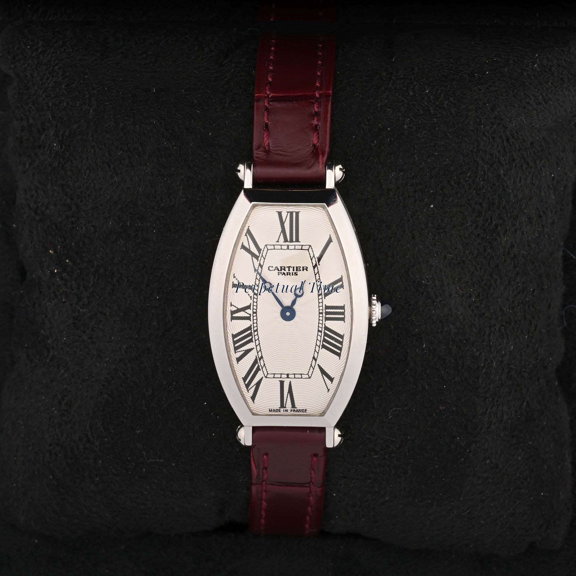 Cartier Tonneau 2555D Platinum Burgundy Leather Band