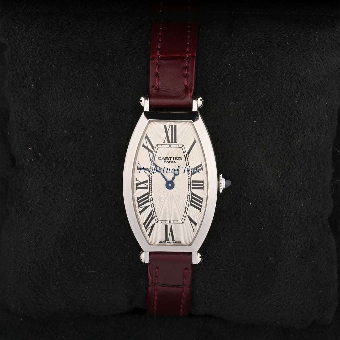Cartier Tonneau 2555D Platinum Burgundy Leather Band