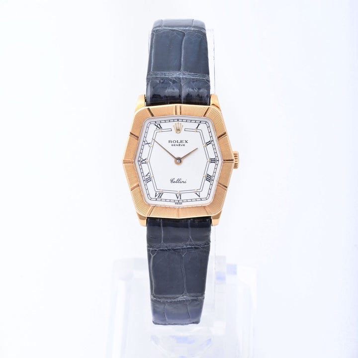 Rolex Cellini 25mm Yellow Gold 4160 White Dial | Roman Numeral Hour Markers, Blue Leather Strap