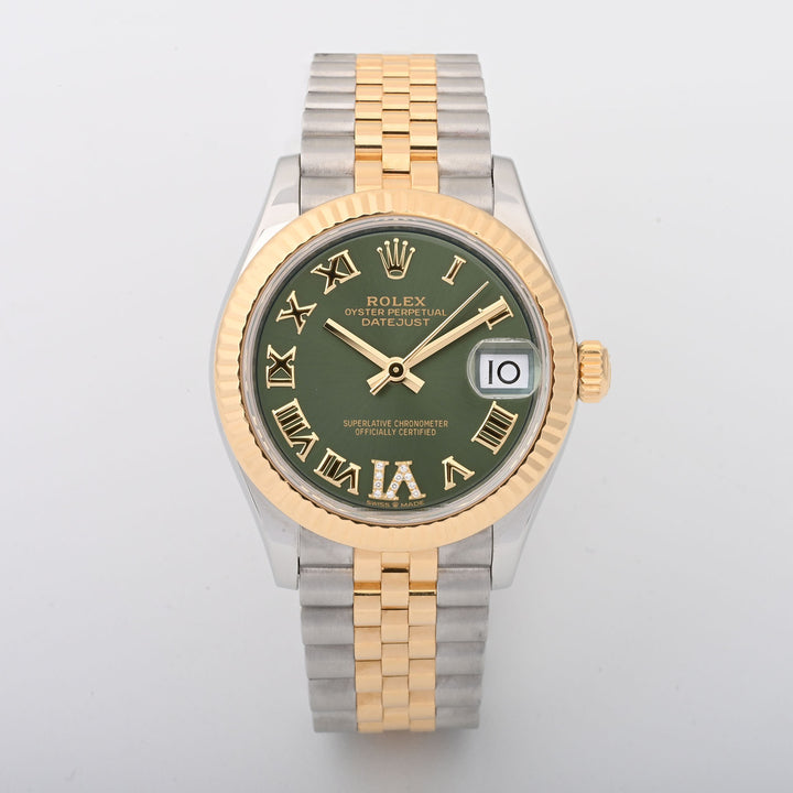 Rolex Datejust 31mm Stainless Steel & Yellow Gold 278273 Olive Green w Factory Diamond IV | Fluted bezel | Jubilee Band