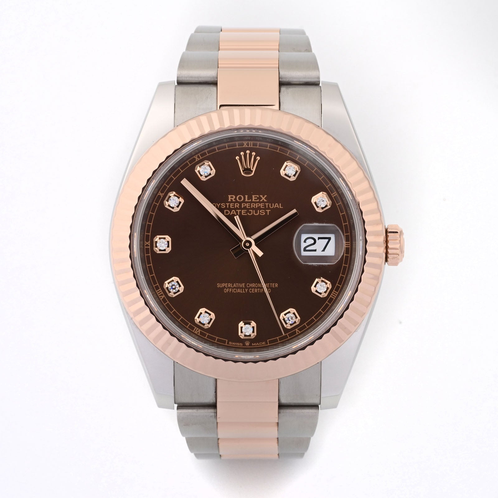 Rolex Datejust  41mm Stainless Steel & Rose Gold 126331 Chocolate Dial | Diamond Hour Markers, Fluted bezel