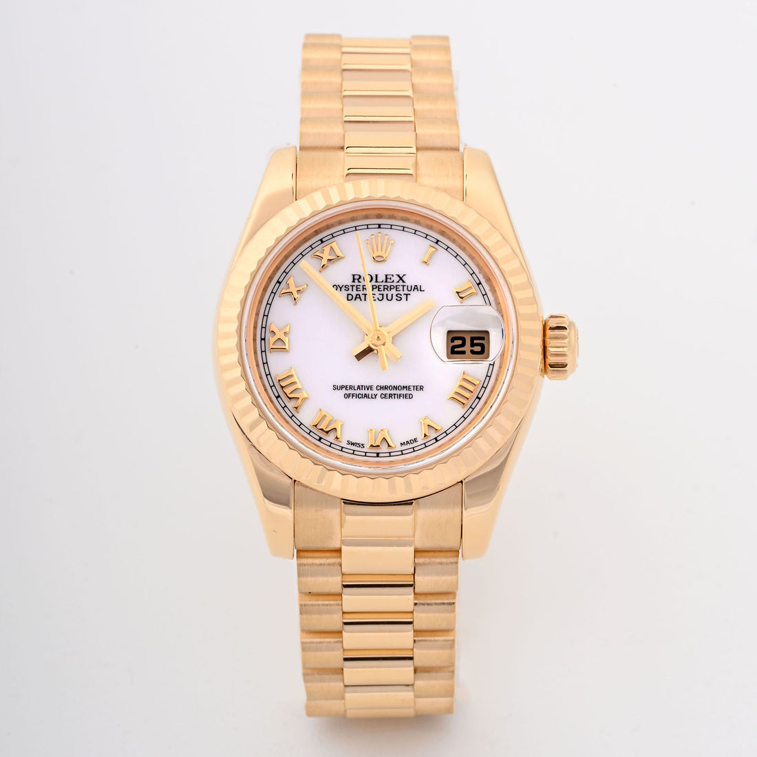 Rolex Lady-Datejust 26mm Yellow Gold 179178 White Dial | Roman Numeral Hour Markers, Fluted bezel