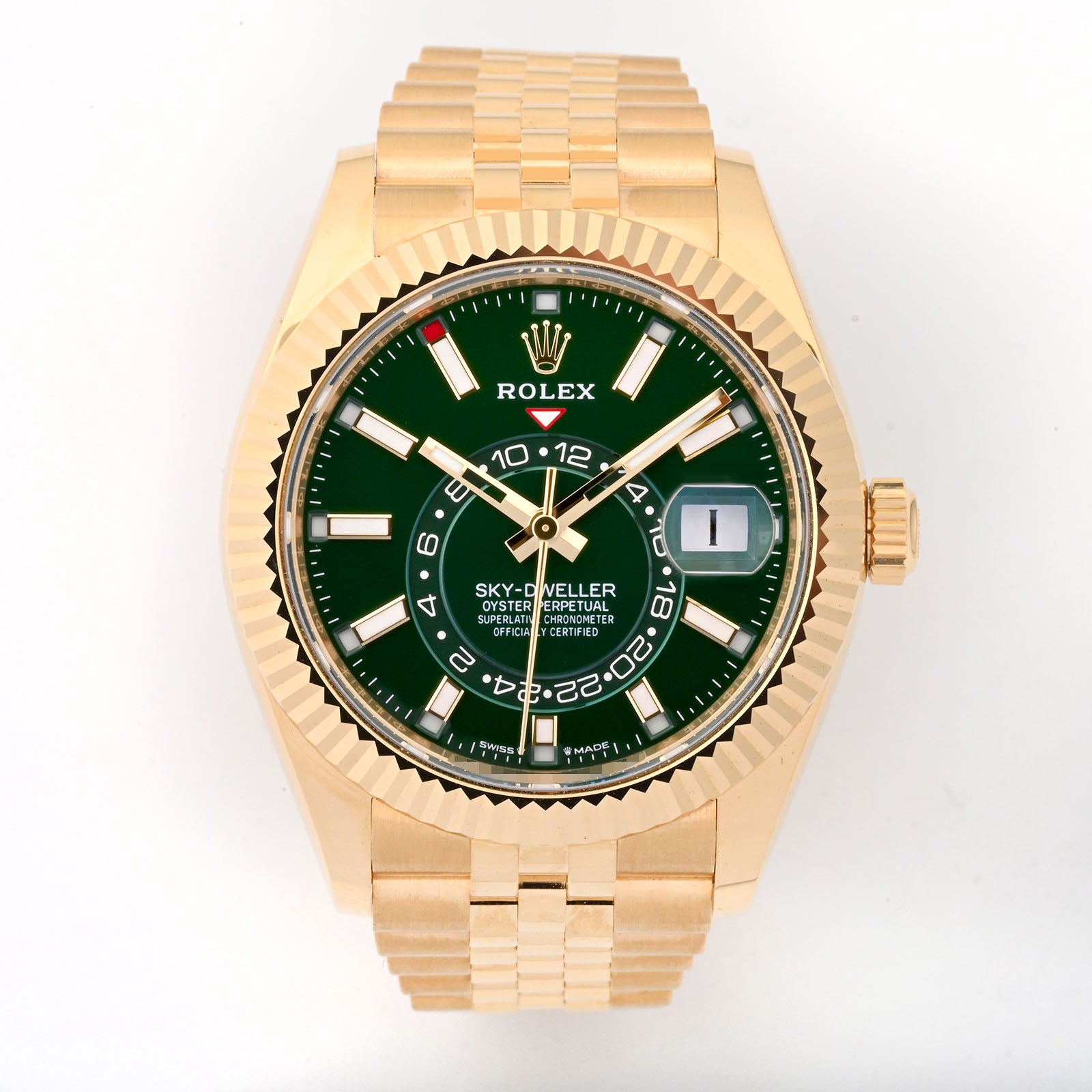 ROLEX SKY-DWELLER YELLOW GOLD 42MM 336938 | GREEN STICK | FLUTED BEZEL | JUBILEE BAND