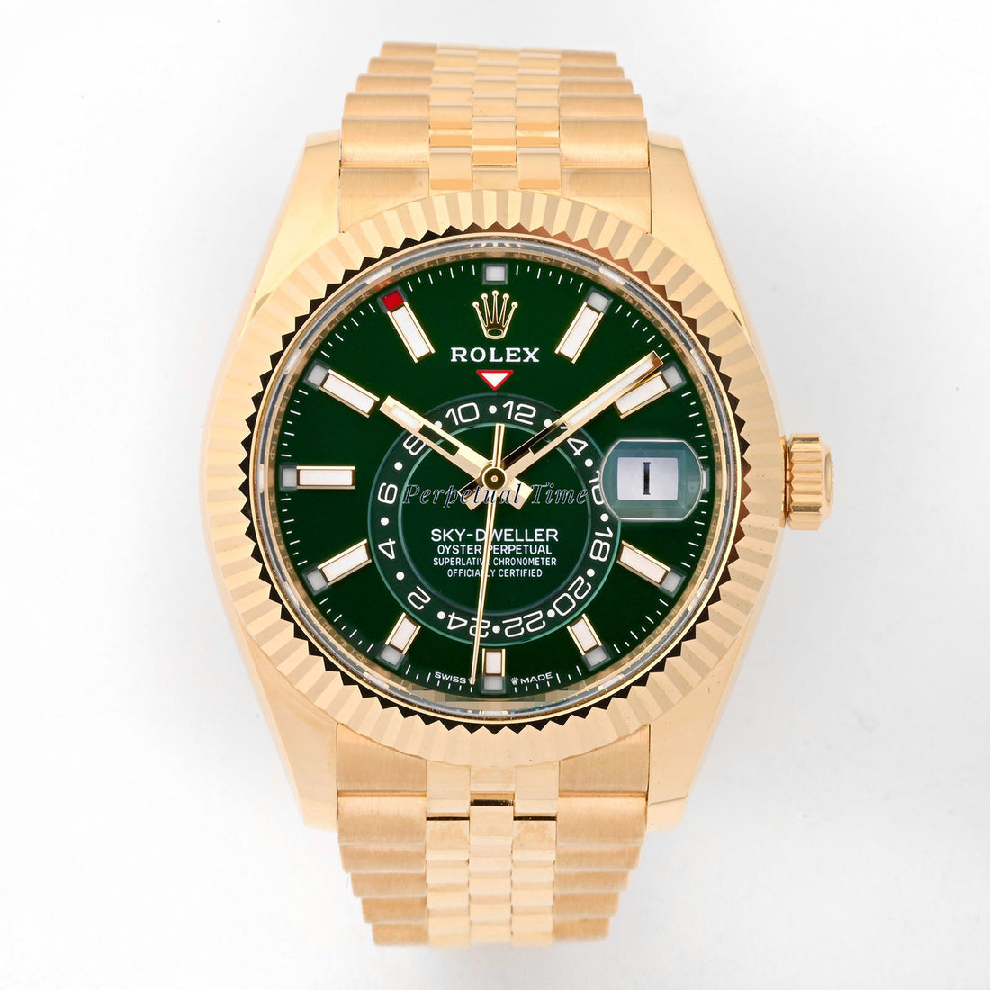 ROLEX SKY-DWELLER YELLOW GOLD 42MM 336938 | GREEN STICK | FLUTED BEZEL | JUBILEE BAND